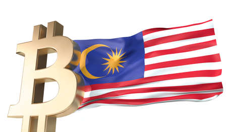 Gold bitcoin cryptocurrency with a waving Malaysia flag. 3D Renderingの写真素材
