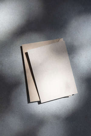 Blank brown invite or postcard with envelope under dappled sunlight
