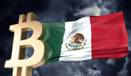 Gold bitcoin cryptocurrency with a waving Mexico flag. 3D Renderingの写真素材