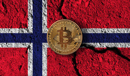Bitcoin crypto currency coin with cracked Norway flag. Crypto restrictions