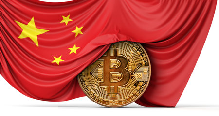 China flag draped over a bitcoin cryptocurrency coin. 3D Renderingの写真素材
