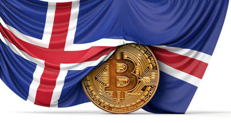 Iceland flag draped over a bitcoin cryptocurrency coin. 3D Renderingの写真素材