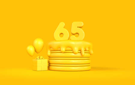 Happy 65th Birthday celebration cake with present and balloons. 3D Renderingの写真素材