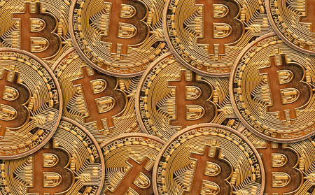 Bitcoin golden cryptocurrency coin background. 3D Renderingの写真素材