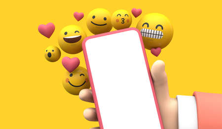 Person holding a smartphone with emoji online social media icons. 3D Rendering