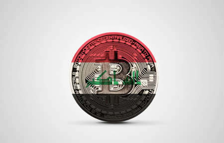 Iraq flag on a bitcoin cryptocurrency coin. 3D Renderingの写真素材
