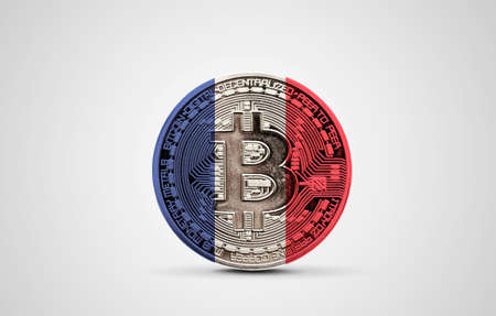 France flag on a bitcoin cryptocurrency coin. 3D Rendering