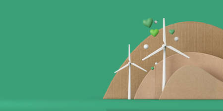 Sustainable energy wind turbine in an eco cardboard landscape. 3D Renderingの写真素材