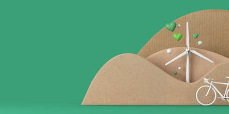 Sustainable energy wind turbine in an eco cardboard landscape. 3D Rendering