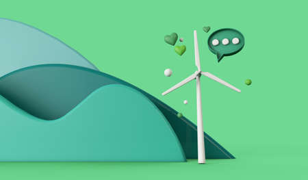 Sustainable energy wind turbine in an eco green landscape. 3D Renderingの写真素材