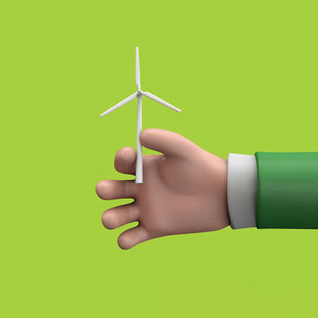 Hand holding a sustainable green energy wind turbine. 3D Render