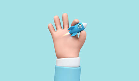 Cartoon 3d hand holding a bitcoin crypto currency rocket taking off. 3D Renderの写真素材