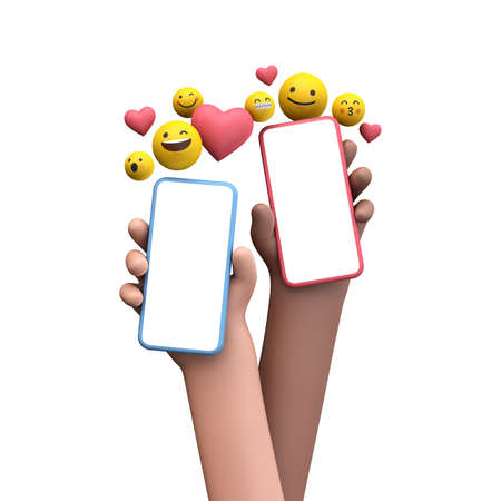 Person holding a smartphone with emoji online social media icons. 3D Renderingの写真素材