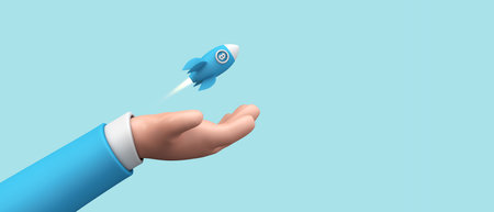 Cartoon 3d hand holding a bitcoin crypto currency rocket taking off. 3D Renderの写真素材