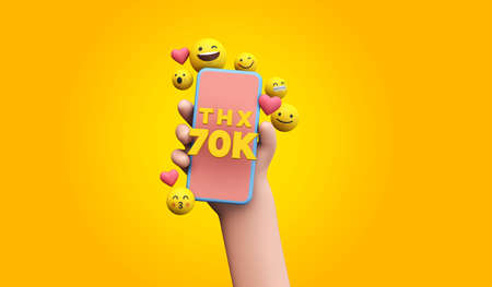 Thanks 70k social media supporters. cartoon hand and smartphone. 3D Render.
