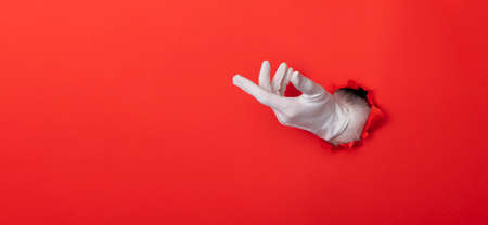 Santa Claus hand wearing white glove through a hole in red paper backgroundの写真素材