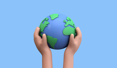 Cartoon style hand holding a planet earth. Earth day concept. 3D Render.
