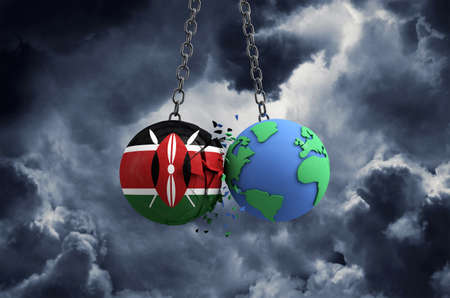 Kenya flag ball smashing into planet earth. Global impact and disaster concept. 3D Renderの写真素材