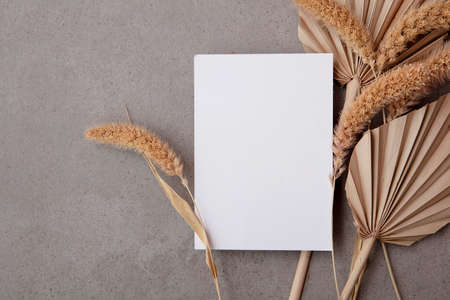 Bohemian blank invitation card surrounded by natural dried palm leaf and grasses. Wedding and celebration backgroundの写真素材