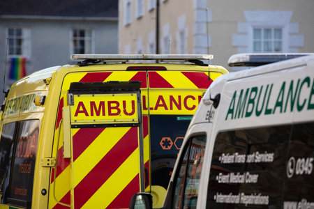 Bicester, UK - October 2021: Emergency response ambulances attend an urgent accidentのeditorial素材
