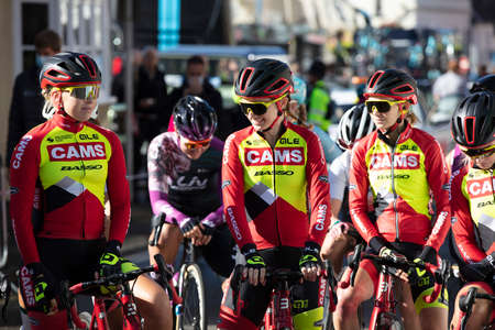 Bicester, UK - October 2021: Competitors line up at the start of the Womens Tour a cycle race in the UKのeditorial素材