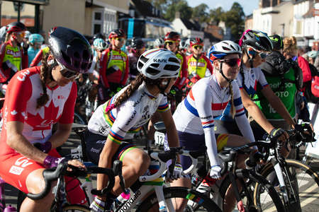 Bicester, UK - October 2021: Competitors line up at the start of the Womens Tour a cycle race in the UKのeditorial素材