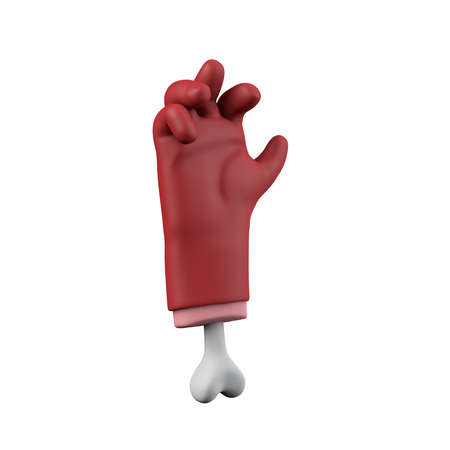 Cartoon red devil halloween grabing chopped off hand with bone. 3D Renderingの写真素材