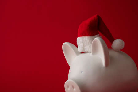 Christmas saving, White piggy bank money box wearing a red santa claus hatの写真素材