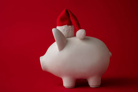Christmas saving, White piggy bank money box wearing a red santa claus hatの写真素材