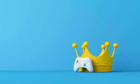 Video game tournament winner. Game controller with a crown. 3D Renderingの写真素材