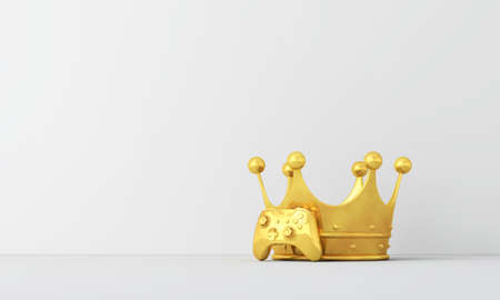 Video gaming gold winning medal. Game controller with a golden crown. 3D Renderingの写真素材