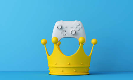 Video game tournament winner. Game controller with a crown. 3D Rendering