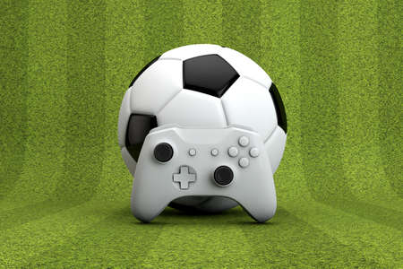 Soccer gaming background. Video game controller with a traditional football ball and grass pitch. 3D...