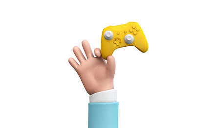 Cartoon style hands holding a video game controller. 3D Rendering
