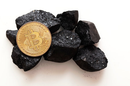Bitcoin mining concept. Gold bitcoin cryptocurrency coin with lumps of coalの写真素材