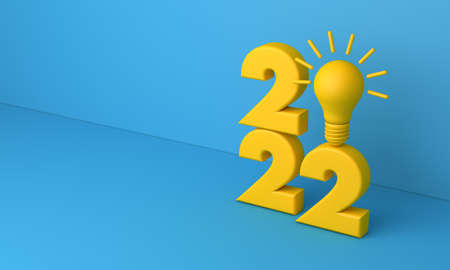 Light bulb making new year 2022 sign. New ideas concept. 3D Render