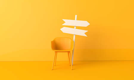 Office chair with blank direction sign post arrow. Career change and development concept. 3D Renderingの写真素材