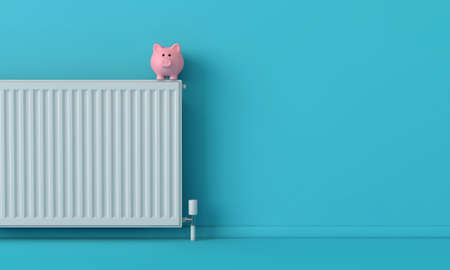 Piggy bank money saving box with a radiator. household heating cost concept. 3D Renderingの写真素材