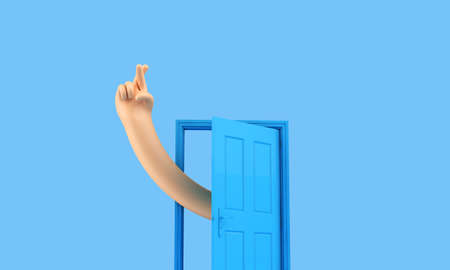 Hand coming from an open door with fingers crossed. New business hopes and wishes. 3D Renderingの写真素材
