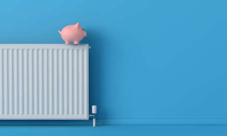 Piggy bank money saving box with a radiator. household heating cost concept. 3D Renderingの写真素材