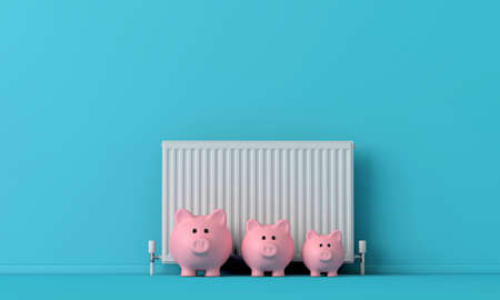 Piggy bank money saving box with a radiator. household heating cost concept. 3D Renderingの写真素材