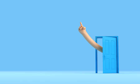 Hand coming from an open door with fingers crossed. New business hopes and wishes. 3D Rendering
