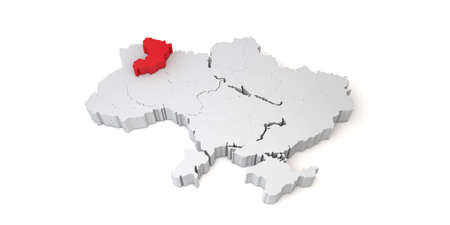 3d map of Ukraine showing the region of Rivne in red. 3D Renderingの写真素材