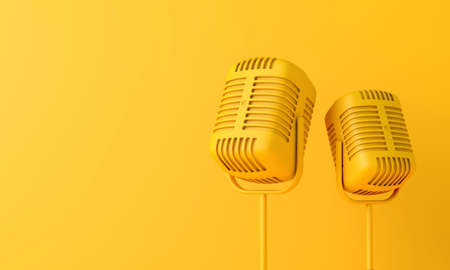 Vintage style microphone against a plain bright yellow background. 3D Renderingの写真素材
