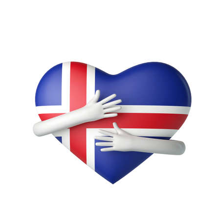 Iceland flag heart being hugged by arms. 3D Renderingの写真素材