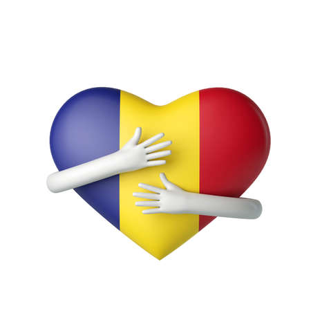 Romania flag heart being hugged by arms. 3D Renderingの写真素材