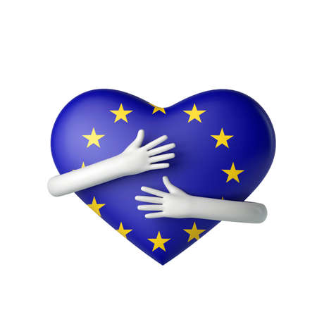 European Union flag heart being hugged by arms. 3D Renderingの写真素材