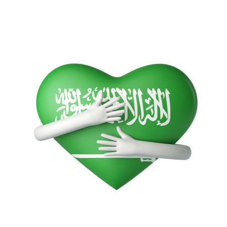 Saudi Arabia flag heart being hugged by arms. 3D Renderingの写真素材