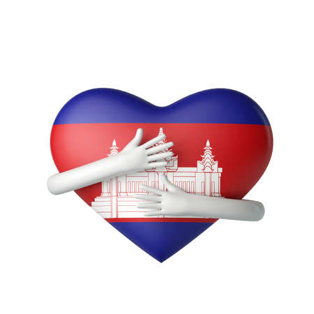 Cambodia flag heart being hugged by arms. 3D Renderingの写真素材
