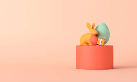 Happy easter background with easter bunny eggs and gifts. 3D Rendering
